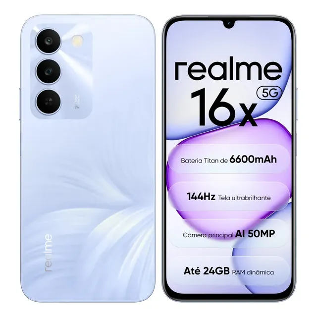 Celular Smartphone Realme 16x 5g 256gb 8gb Ram (+16gb Virtual Ram Boost) Dual Sim Nfc Mediatek Dimensity 6300,bateria Titan 6600mah,tela Ultrabrilhante 144hz, Ip64, Câmera 50mp, Android 16 Violeta