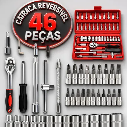 Kit Ferramentas 46 Pcs Jogo Catraca Reversível Aço Cr-v Cromo Vanádio Chave Soquete Xcolds