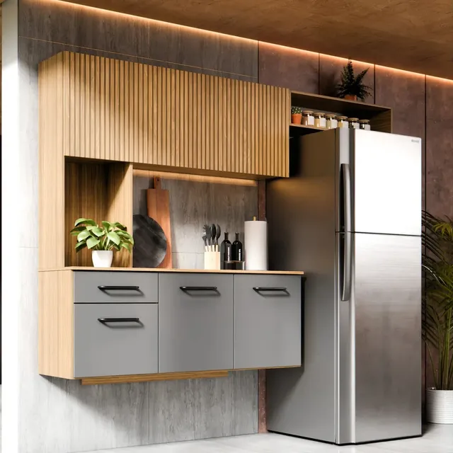 Armário De Cozinha Compacta Com Balcão E Nicho, 6 Portas E 1 Gaveta, Madeira Ripado 3d Cinza Grafite
