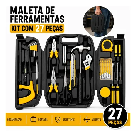 Kit De Ferramentas 27 Peças Com Maleta Completo Jogo De Ferramentas Para Casa Reparos Manutenção Móveis E Emergências Prático Versátil