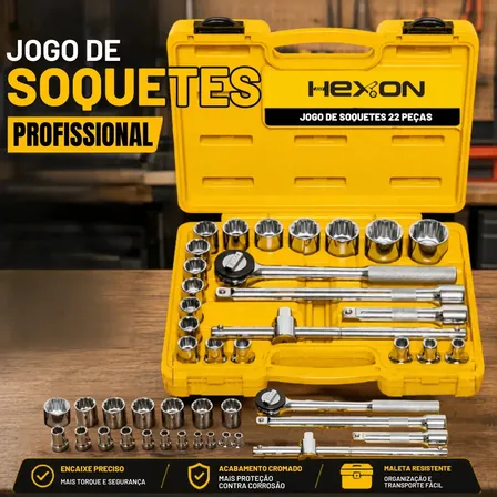 Kit Jogo De Soquete Profissional 22 Peças 1/2 Pol Catraca Reversível Ferramentas Aço Cromo Vanádio Com Maleta Robusta... Amarelo