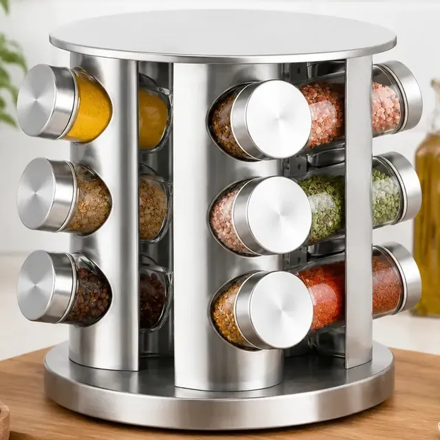Porta Temperos Giratório 360° 12 Potes Vidro 85ml Inox Organizador De Condimentos Especiarias Suporte Rotativo Tempereiro Bancada Cozinha Armário Mesa Gourmet Porta Condimentos Porta Especiarias