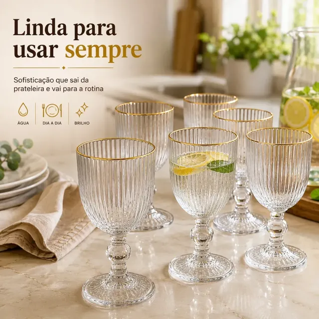 Kit de 6 Taças de Vidro Canelado com Borda Dourada para Água, Vinho e Suco Pratitudo Essencial Versalhes Gold 340 mL