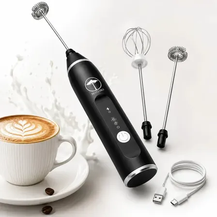 Mini Mixer Elétrico Mateiro 2 Em 1 Preto Misturador Batedeira Bebidas Ovos Whey Café Leite Shake Capuccino Espuma Portátil Recarregável Usb 3 Velocidades Batedor Fue Fouet Cozinha Profissional