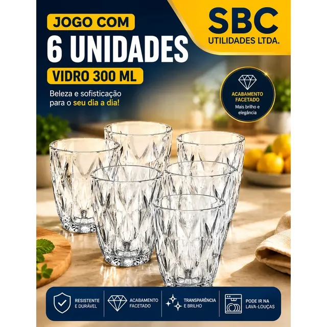 Jogo 6 Copos Vidro Diamond Diamante Luxo Grosso 300ml Resistente Água Suco Cerveja Refrigerante Whisky Bebidas Destiladas Transparente Mais Vendido Sbc Utilidades Ltda Branco
