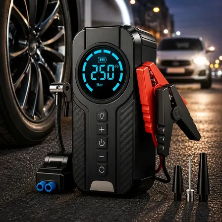 Auxiliar De Partida Compressor De Ar Portátil Para Carro 12V Emergencia Jump Starter Inflador Digital Power Bank Lanterna LED Bateria Emergência Moto SUV Caminhonete Pneu Bicicleta MidiaFone