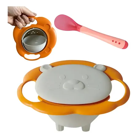 Prato Mágico Infantil Giro Bowl Bebê Giratório E Colher Kit Cor Cinza-laranja E Colher Animal Personagem Leão