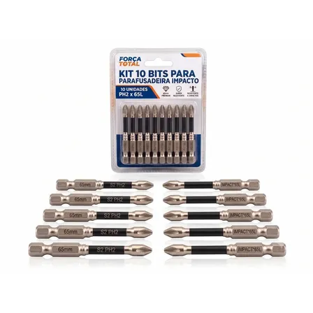 Kit 10 Bits Phillips Ph2 65mm Aço S2 Antiderrapante Limitador De Torque Encaixe 1/4 Para Parafusadeira Impacto