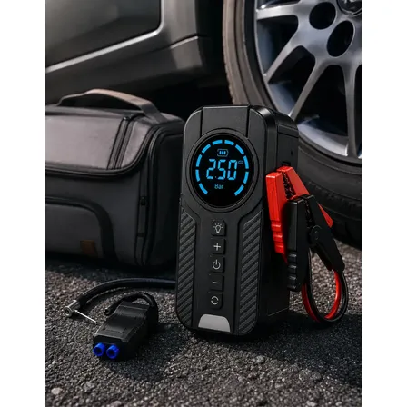 Auxiliar De Partida Para Carro Compressor De Ar Portátil 12V 4 funções em 1 Inflador Digital Calibrador De Pneu Power Bank Lanterna LED Emergência Automotiva Moto SUV Bicicleta Caminhonete MidiaFone