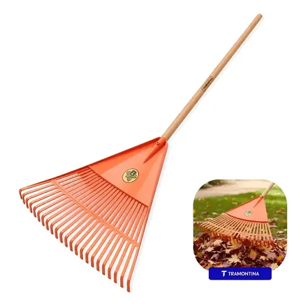 Vassoura Rastelo Jardinagem Plástica 22 Dentes Com Cabo de Madeira Longo 110cm Tramontina