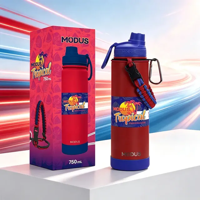 Garrafa Térmica Cokunst 750ml Inox À Prova de Vazamento Cordinha Resistente modus Para Água Gelada e Quente Vermelho e Azul