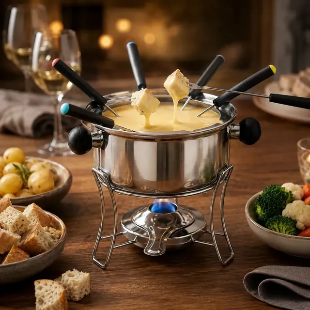 Kit Fondue 10 Peças Inox Jogo De Panelas 1l Para 6 Pessoas Para Queijo Chocolate Com Garfos E Suporte Tattoo Style Prateado