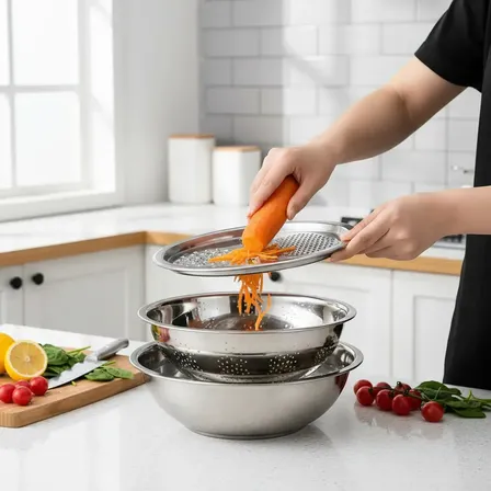 Tigela Bowl Inox 3 Em 1 Ralador Multifuncional Escorredor Arroz Macarrão Salada Facil Utilização Pratico Sublimente