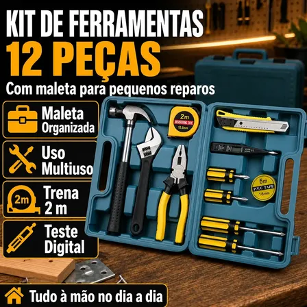 Kit Ferramentas Jogo 12Pcs Residencial Caixa Maleta Completa Com Martelo de unha Chave inglesa ajustável Alicate universal e Chave