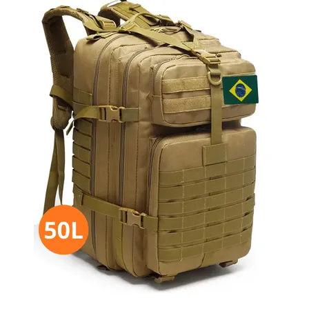 Mochila Tática Impermeável Militar Reforçada Viagem Camping Pesca 50 Litros Cor Bege