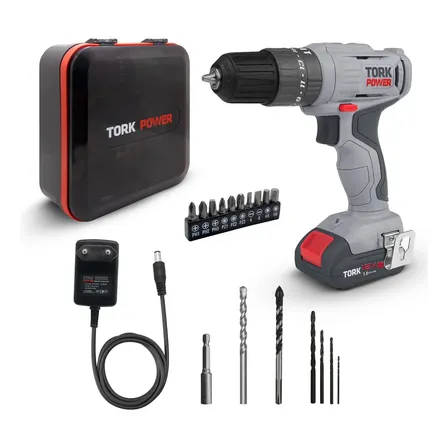 Parafusadeira Furadeira De Impacto Tork Sem Fio Bateria 30nm Kit Completo Com Maleta Cinza 127/220v 50/60hz