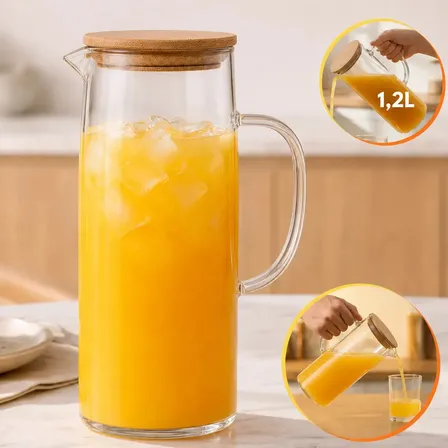 Jarra Vidro Borossilicato 1,2 Litros Tampa Bambu Hermética Agua Suco Transparente Sólar 1,2l Bambu