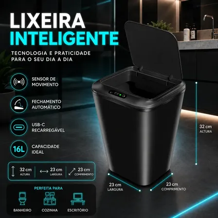 Lixeira Smart Inteligente 16 Litros Quadrada Sensor De Movimento Automático No Touch Preta Preto