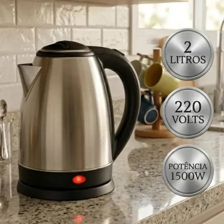 Chaleira Elétrica Inox 2 Litros 1500w Jarra Desligamento Automático Aquecimento Rápido Bule Pítia Prata 220v