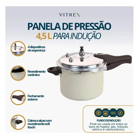 Panela De Pressão Indução 4,5L Revestimento Ceramico Antiaderente Com 4 Valvulas De Segurança Fechamento Externo, Cabos Soft Touch Vitrex Creme Granito