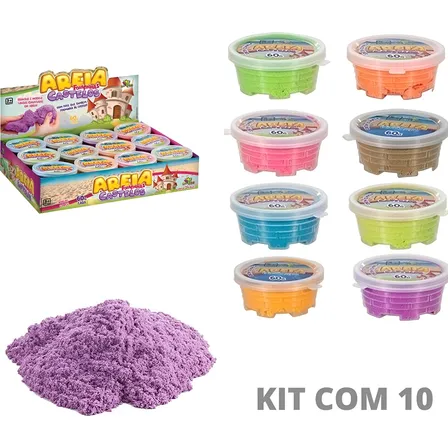 Kit 10 Massinhas De Areia Cinética Com Forminha Pote 60 Gr
