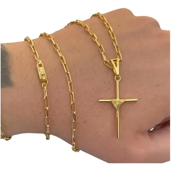 Corrente Cordão Masculino 3mm + Pingente Cruz Banho Ouro 18k