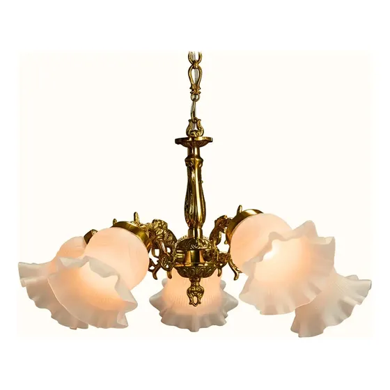 Lustre Pendente Rio 5 Tulipas Metal Dourado Retrô Colonial