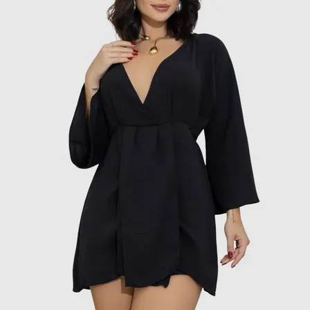 Vestido Feminino Curto Soltinho Social Manga Flare Dori Preto Único