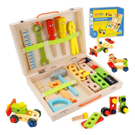 Kit Caixa Maleta Madeira Infantil Com Ferramentas Montessori