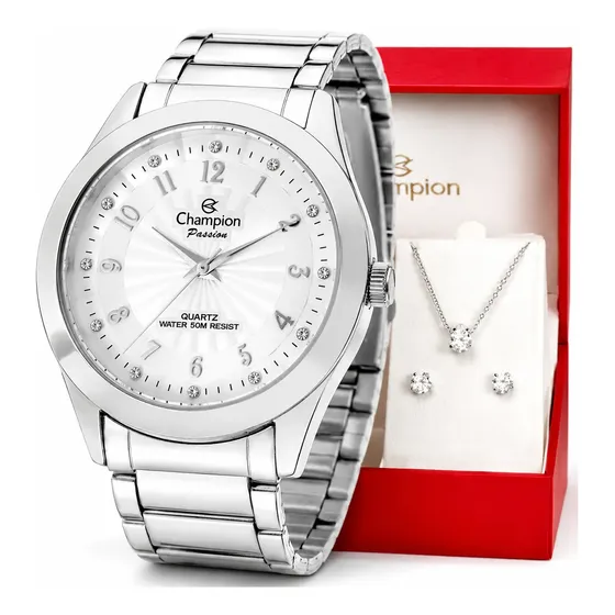 Relógio Champion Feminino Prata Colar Brincos Kit Aço Inox