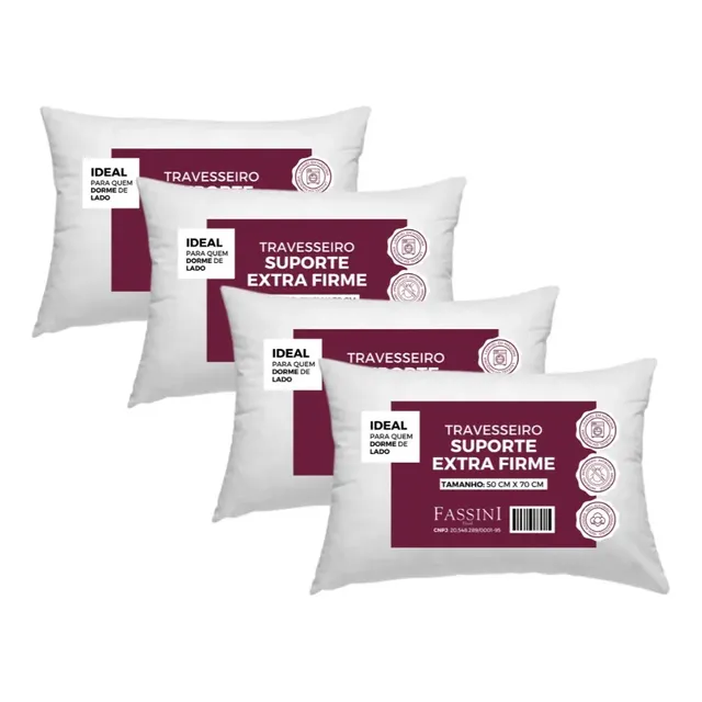 4 Travesseiros 100% Algodão Fibra Siliconada Extra Firme Branco Padrão