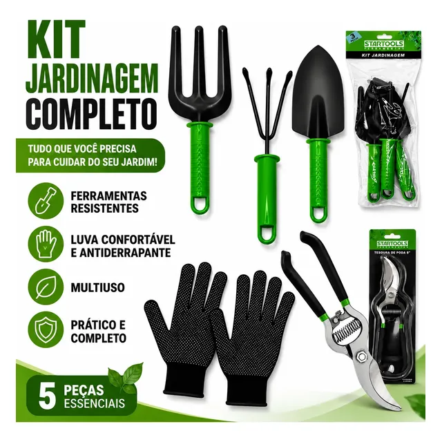 Kit Jogo Jardinagem Jardim Pá Tesoura Poda Luva 5 Peças