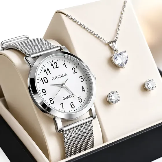 Relógio Feminino Quartz Prova D Água + Kit Colar E Brincos