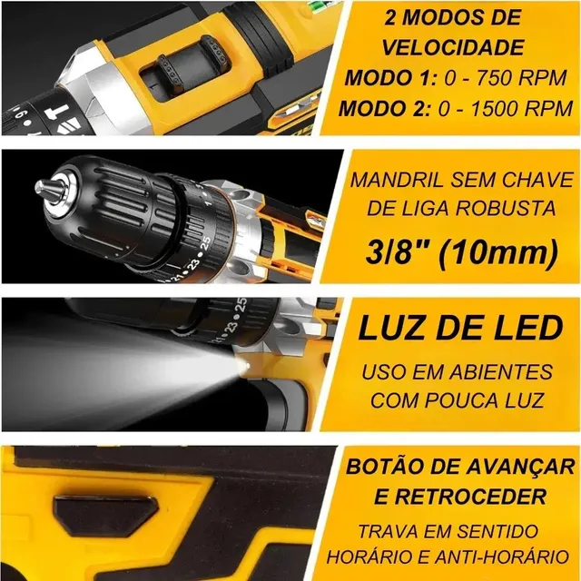 Parafusadeira Furadeira 48v Profissional 2 Baterias Sem Fio