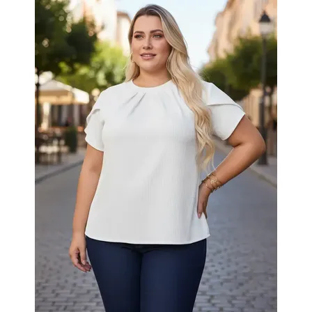 Blusa Plus Size Canelada Franzida Manga Curta Soltinha