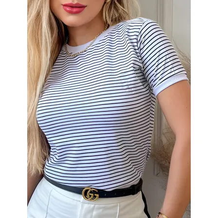 Blusa Feminina Listrada Manga Curta 100% Algodão Premium