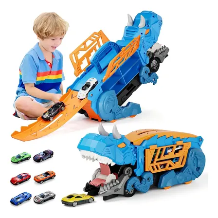 Caminhão Dinossauro Pista Com Carrinhos Maleta Transporte