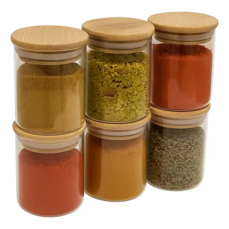Kit 6 Potes Vidro 200ml Porta Tempero Hermético Tampa Bambu