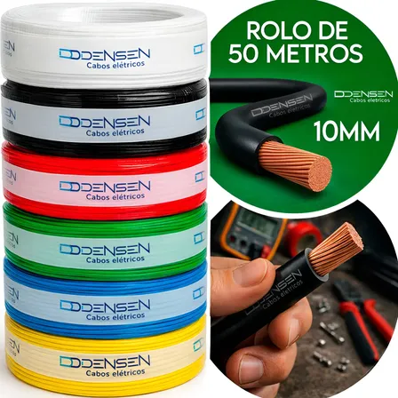 Fio Elétrico 10mm Cabo Flexível Rolo 50m Metros Anti-chamas