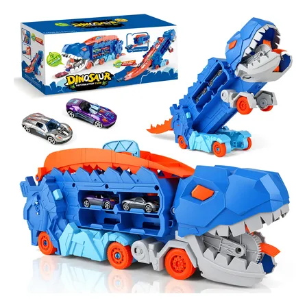 Caminhão Dinossauro Pista Com Carrinhos Maleta Transporte Azul