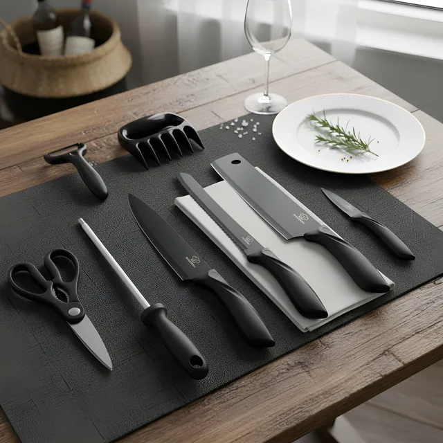 Kit Jogo 8 Peça Faca Cutelo Aço Inox Churrasco Cozinha Preto