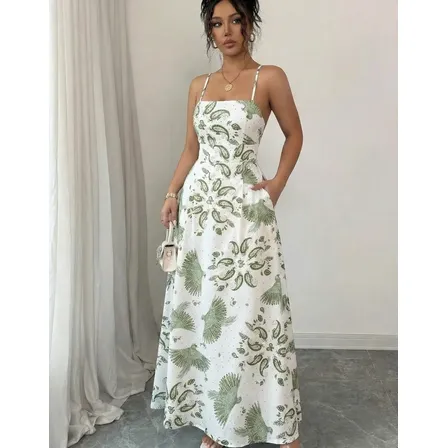 Vestido Feminino Longo Alça Fina Estampado Detalhe Bolsos