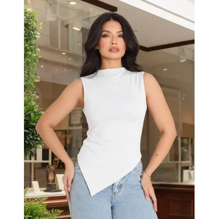 Blusa Assimétrica Básica Regata Feminina Casual Elegante