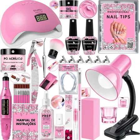 Kit Unha Gel Alongamento Cabine Lixadeira Elétrica Luminária