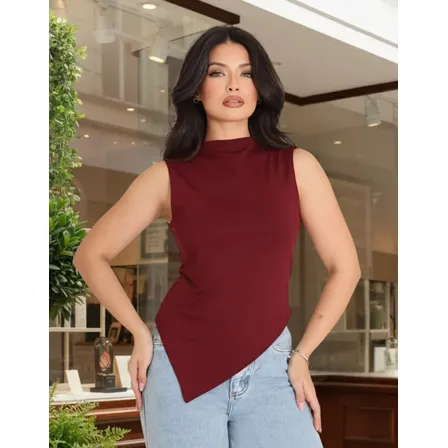 Blusa Assimétrica Básica Regata Feminina Casual Elegante