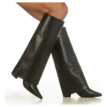 Bota Capa Feminina Cano Longo Salto Alto Bloco Bico Fino