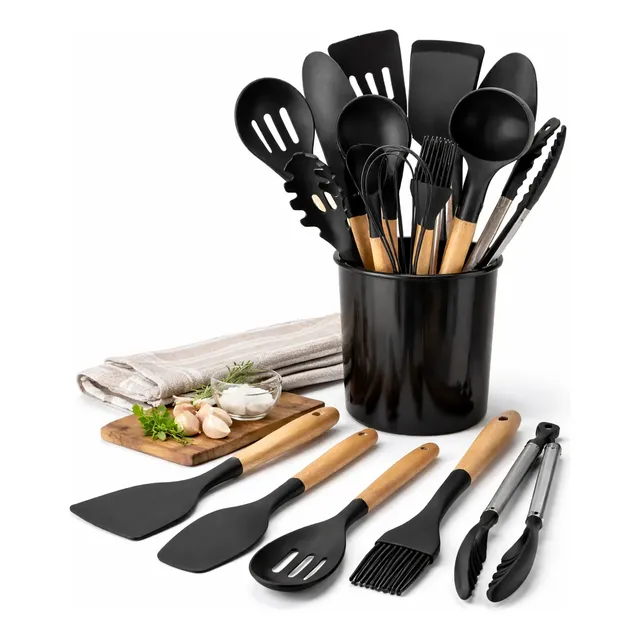 Kit Com 12 Utensílios De Cozinha Silicone Cabo De Madeira Preto