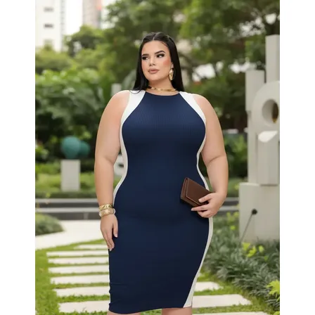 Vestido Midi Plus Canelado Premium Regata Casual Modelador