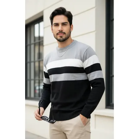 Blusa Tricô Masculina Listrada Suéter Gola Redonda Inverno