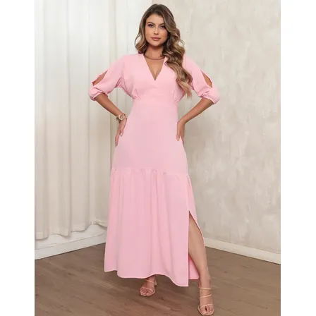 Vestido Longo Com Fenda Manga Elegante Chique Sofisticado